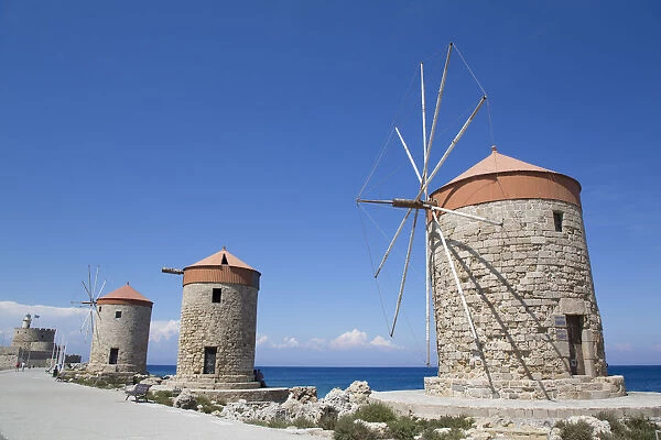 Windmills of Mandraki, Fort of St. Nicholas in the background, Mandraki Harbour, Rhodes