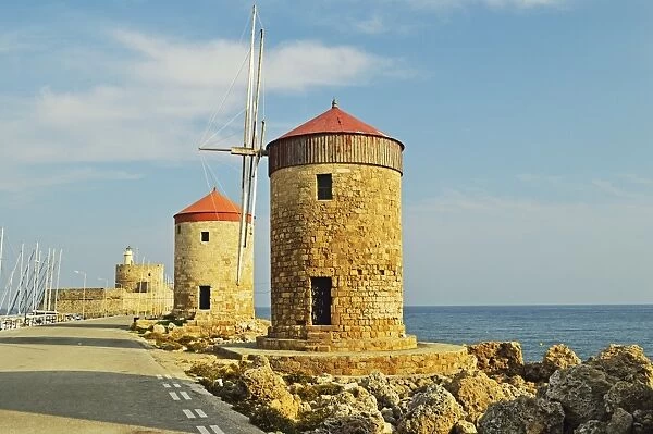 Windmills, Mandraki Harbor, Rhodes City, Rhodes, Dodecanese, Aegean Sea, Greek Islands, Greece, Europe