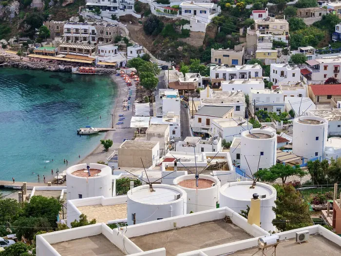 Framed Print : Windmills and Pandeli Beach, elevated view, Leros Island, Dodecanese, Greek Islands, Greece, Europe Framed Print : Windmills and Pandeli Beach, elevated view, Leros Island, Dodecanese, Greek Islands, Greece, Europe