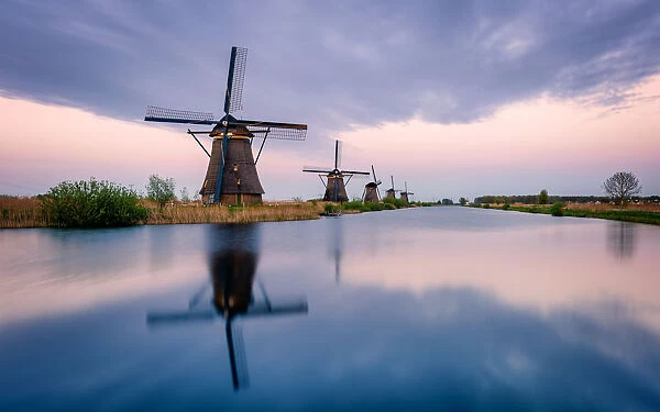 Windmills and reflections, Kinderdijk, UNESCO World Heritage Site, The Netherlands