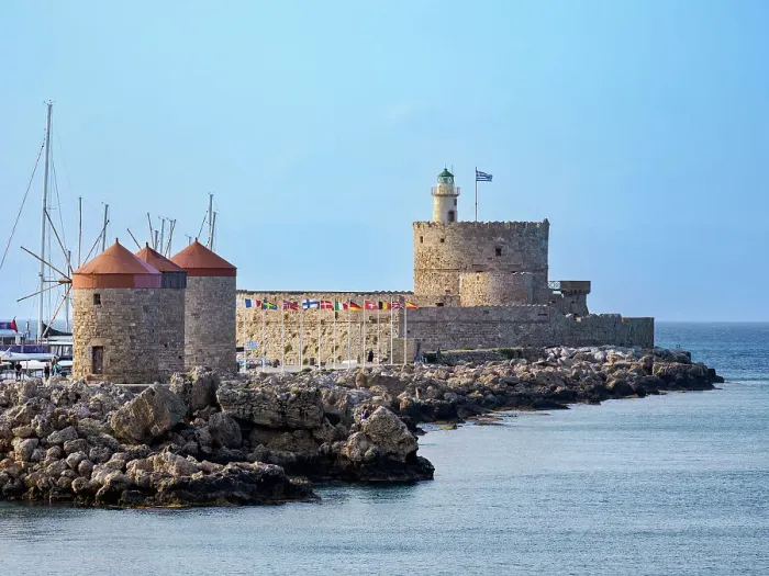 Framed Print : Windmills and Saint Nicholas Fortress, Rhodes City, Rhodes Island, Dodecanese, Greek Islands, Greece, Europe Framed Print : Windmills and Saint Nicholas Fortress, Rhodes City, Rhodes Island, Dodecanese, Greek Islands, Greece, Europe