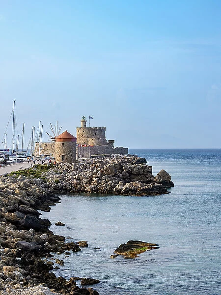 Windmills and Saint Nicholas Fortress, Rhodes City, Rhodes Island, Dodecanese, Greek Islands, Greece, Europe