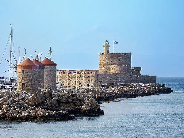 Windmills and Saint Nicholas Fortress, Rhodes City, Rhodes Island, Dodecanese, Greek Islands, Greece, Europe