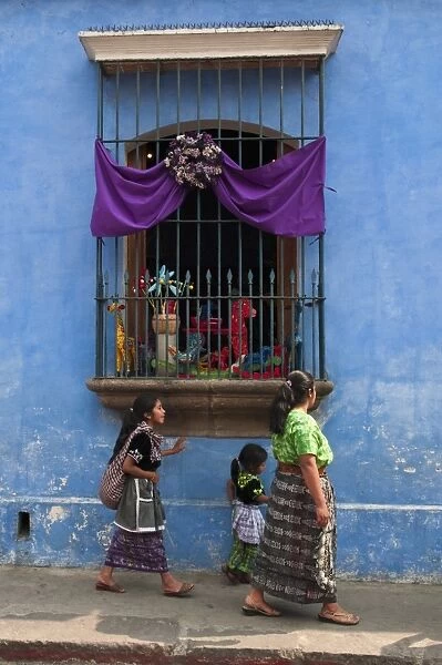 Window adorned for Holy Week Procession, Antigua, Guatemala, Central America