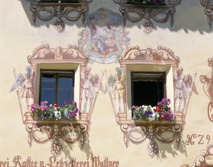 Framed Print : Window boxes and painted walls, St. Wolfgang, Austria, Europe Framed Print : Window boxes and painted walls, St. Wolfgang, Austria, Europe