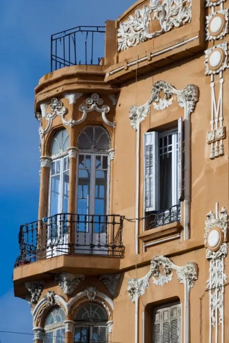 Framed Print : Windowed balconies, modernist (Art Deco) building on Plaza de Espana, Melilla