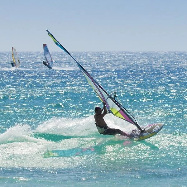 Windsurfer riding wave, Bonlonia, near Tarifa, Costa de la Luz, Andalucia, Spain, Europe