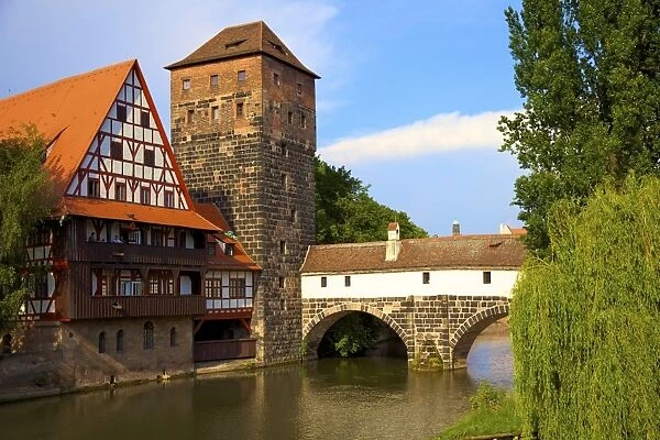 The Wine Store and Hangmans Bridge on the Pegnitz River, Nuremberg, Bavaria, Germany, Europe