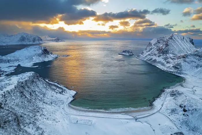 Framed Print : Winter aerial view of a beach covered with snow at sunset, Vik beach, Vestvagoy, Lofoten Islands, Norway, Scandinavia, Europe Framed Print : Winter aerial view of a beach covered with snow at sunset, Vik beach, Vestvagoy, Lofoten Islands, Norway, Scandinavia, Europe