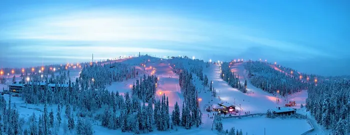 Framed Print : Winter dusk over the snowy ski slopes of Ruka tourist resort, aerial view, Kuusamo, Northern Ostrobothnia, Lapland, Finland, Europe Framed Print : Winter dusk over the snowy ski slopes of Ruka tourist resort, aerial view, Kuusamo, Northern Ostrobothnia, Lapland, Finland, Europe