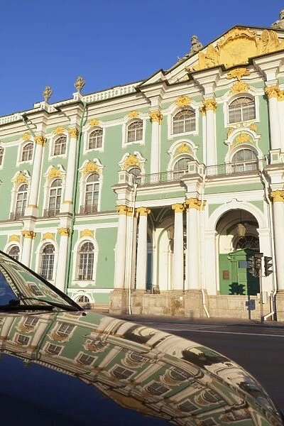 The Winter Gardens reflected in a car, St. Petersburg, Russia, Europe