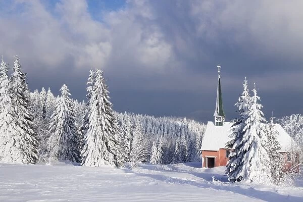 Winter landscape with church, Kandel Mountain, Black Forest, Baden-Wurttemberg, Germany