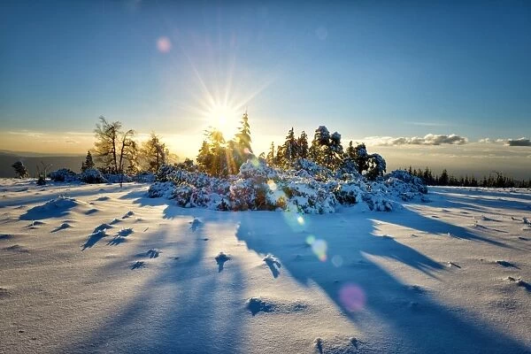Winter landscape, an HDR image with deep snow and sun, captured on Schliffkopf mountain in Northern Black Forest, Baden-Wurttemberg, Germany, Europe