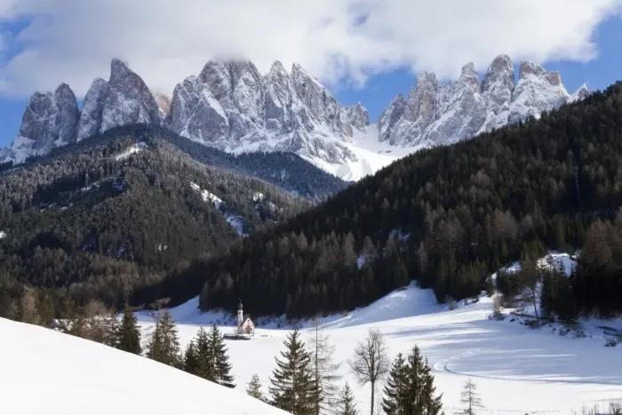Framed Print : Winter landscape of S. Johann Church in Ranui in Villnoss, Le Odle Group with Geisler Spitzen Framed Print : Winter landscape of S. Johann Church in Ranui in Villnoss, Le Odle Group with Geisler Spitzen