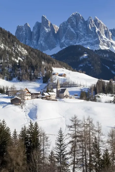 Framed Print : Winter landscape of St. Magdalena village and church, Geisler Spitzen, 3060m Framed Print : Winter landscape of St. Magdalena village and church, Geisler Spitzen, 3060m