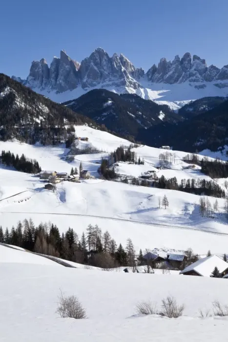 Framed Print : Winter landscape of St. Magdalena village and church, Geisler Spitzen, 3060m Framed Print : Winter landscape of St. Magdalena village and church, Geisler Spitzen, 3060m