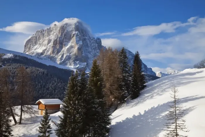 Framed Print : Winter snow covered mountain hut in front of Sassongher mountain, 2665m Framed Print : Winter snow covered mountain hut in front of Sassongher mountain, 2665m