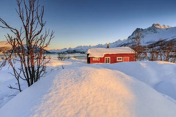 The winter sun illuminates a typical Norwegian red house surrounded by fresh snow