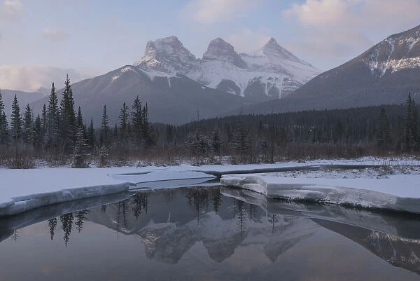 Winter sunrise at Policemans Creek with Three Sisters Peaks, Canadian Rockies