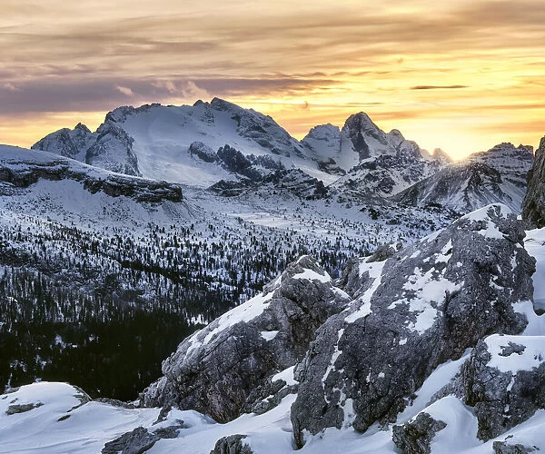 Winter sunset on Marmolada covered by snow, Dolomites, Trentino-Alto Adige, Italy, Europe
