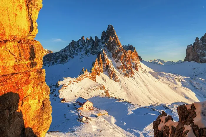 Framed Print : Winter sunset on Paterno mountain and Locatelli hut covered with snow, Tre Cime di Lavaredo (Lavaredo peaks), Sesto (Sexten), Dolomites, South Tyrol, Italy, Europe Framed Print : Winter sunset on Paterno mountain and Locatelli hut covered with snow, Tre Cime di Lavaredo (Lavaredo peaks), Sesto (Sexten), Dolomites, South Tyrol, Italy, Europe