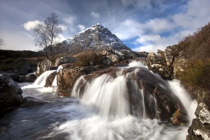 Framed Print : Winter view of Buachaile Etive More from the Coupall Falls on the River Coupall Framed Print : Winter view of Buachaile Etive More from the Coupall Falls on the River Coupall