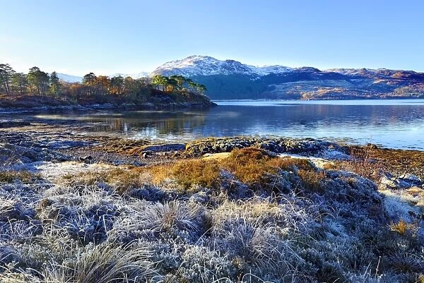 Winter view on a frosty sunny morning along the banks of Loch Sunart in the Ardnamurchan Peninsula