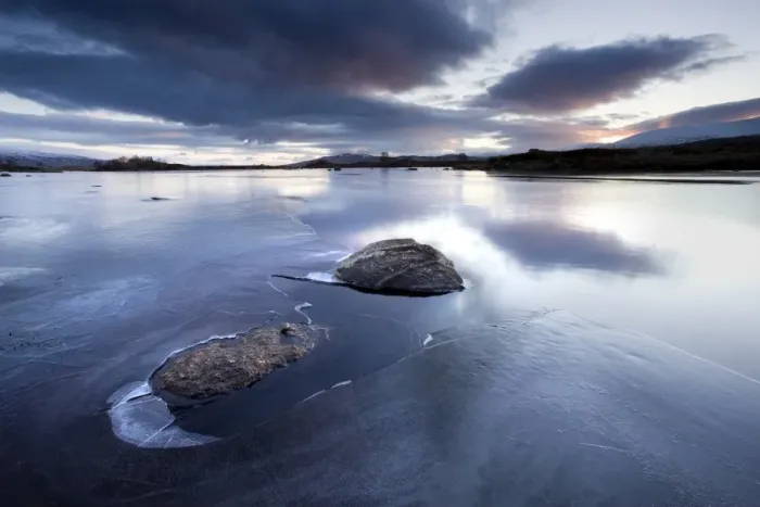Framed Print : Winter view of Loch Ba at dawn, loch partly frozen with two large rocks protruding from the ice, calm morning, Rannoch Moor, near Fort William, Highland, Scotland, United Framed Print : Winter view of Loch Ba at dawn, loch partly frozen with two large rocks protruding from the ice, calm morning, Rannoch Moor, near Fort William, Highland, Scotland, United