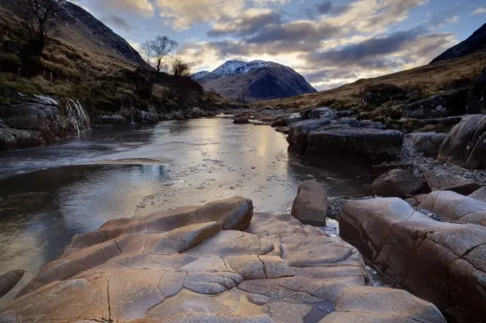 Framed Print : Winter view along partly-frozen River Etive towards distant mountains, Glen Etive Framed Print : Winter view along partly-frozen River Etive towards distant mountains, Glen Etive