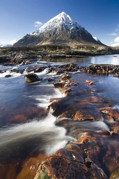 Winter view over River Etive towards snow-capped Buachaille Etive Mor, Rannoch Moor