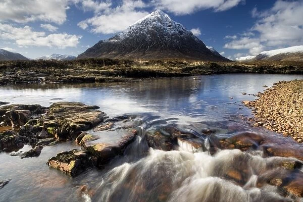 Winter view over River Etive towards snow-capped Buachaille Etive Mor, Rannoch Moor