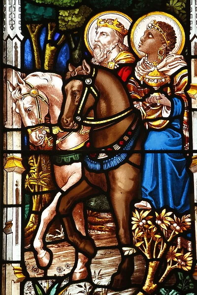 Three Wise Men on horses bearing gifts, 19th century stained glass in St