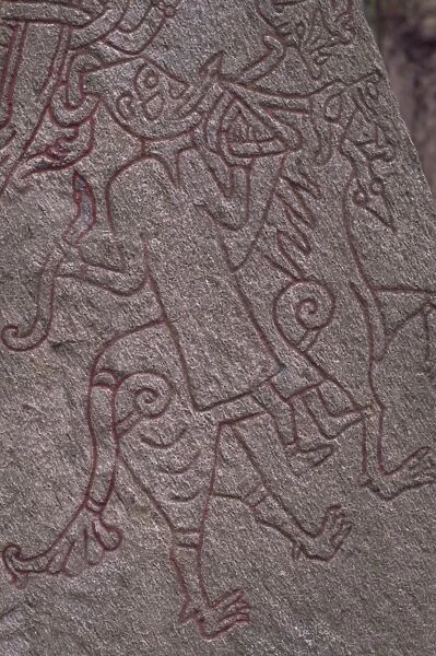 Witch from Icelandic Edda riding a wolf, detail of standing stone circa 1000AD