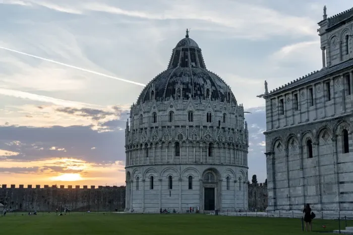 Framed Print : Woman admiring the majestic Pisa Cathedral (Duomo) and Baptistery at sunset Framed Print : Woman admiring the majestic Pisa Cathedral (Duomo) and Baptistery at sunset