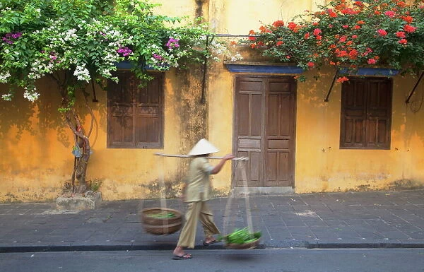 Woman carrying vegetables in street, Hoi An, UNESCO World Heritage Site, Quang Nam, Vietnam, Indochina, Southeast Asia, Asia