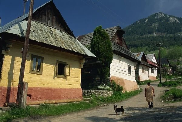 Woman and dog on a path beside wooden houses at Vikonec