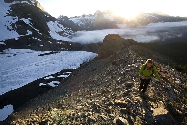Woman hiking near Mount Olympus and Blue Glacier, Olympic National Park, UNESCO World Heritage Site, Washington State, United States of America, North America