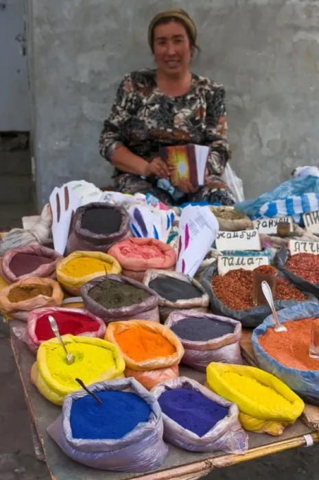 Framed Print : Woman selling colourful spices at market stall, Osh, Kyrgyzstan, Central Asia, Asia Framed Print : Woman selling colourful spices at market stall, Osh, Kyrgyzstan, Central Asia, Asia
