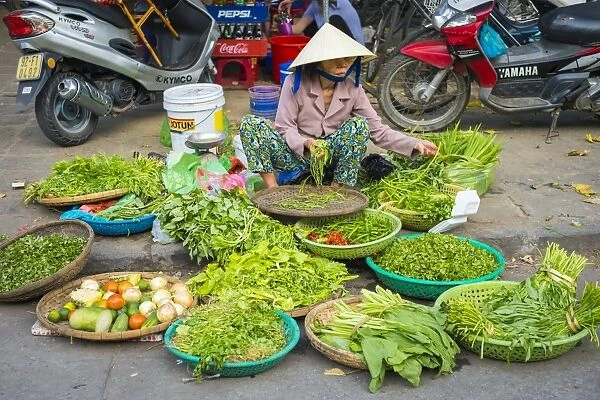 Woman selling herbs and vegetables at the central market in Hoi An, Quang Nam Province
