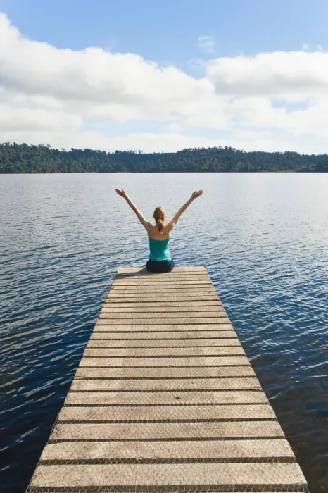 Framed Print : Woman sitting on a jetty, Lake Ianthe, West Coast, South Island, New Zealand, Pacific Framed Print : Woman sitting on a jetty, Lake Ianthe, West Coast, South Island, New Zealand, Pacific