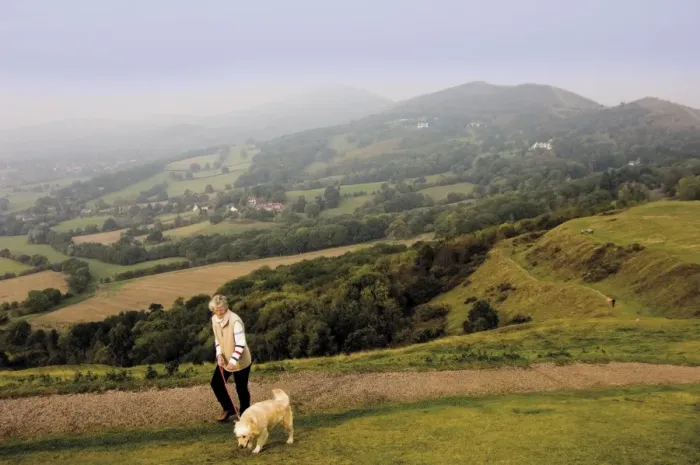 Framed Print : Woman taking dog for a walk, British Camp, Hereford Beacon, Malvern Hills Framed Print : Woman taking dog for a walk, British Camp, Hereford Beacon, Malvern Hills