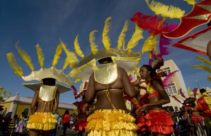 Framed Print : Women in colourful Carnival costume dancing, Mindelo, Sao Vicente, Cape Verde, Africa