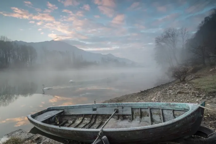 Framed Print : Wood boat on the shore of River Mera at sunrise, Sorico, Como province, Lower Valtellina Framed Print : Wood boat on the shore of River Mera at sunrise, Sorico, Como province, Lower Valtellina