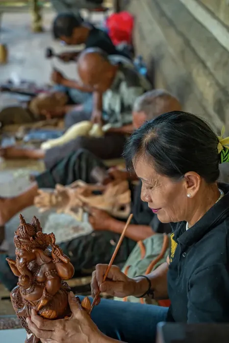 Framed Print : Wood carving skills near Sukawat, Denpasar City, Bali, Indonesia, South East Asia, Asia