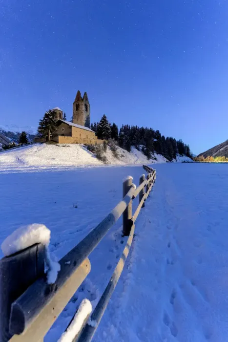 Framed Print : Wood fence in the snow surrounding the church of San Gian, Celerina, St Framed Print : Wood fence in the snow surrounding the church of San Gian, Celerina, St