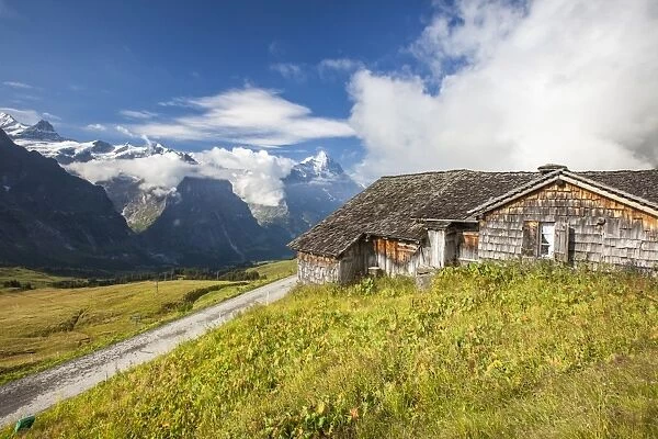 Wood hut with Mount Eiger in the background, First, Grindelwald, Bernese Oberland