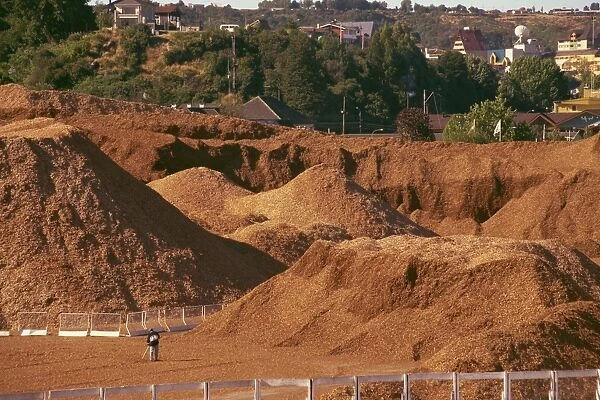 Woodchip stockpile for export to Japan, Puerto Montt, Chile, South America
