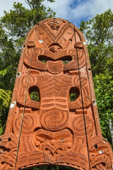 Framed Print : Woodecarved entrance at the Te Puia Maori Cultural Center, Rotorura, North Island, New Zealand, Pacific
