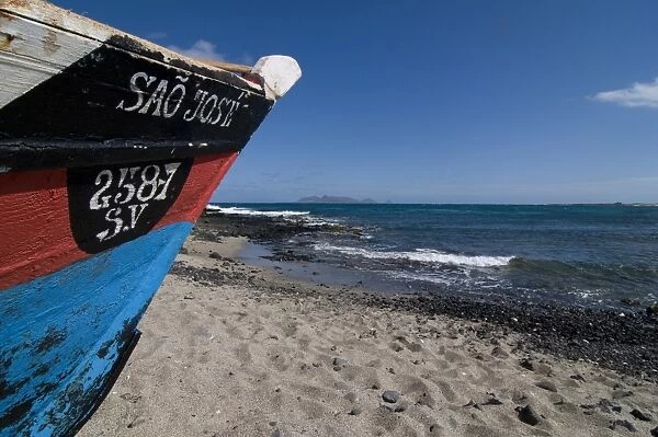 Wooden boat at sandy beach, Sao Vicente, Cape Verde, Atlantic, Africa