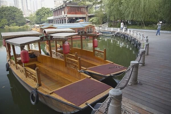 Wooden boats at Liwan Park, Guangzhou, Guangdong, China, Asia